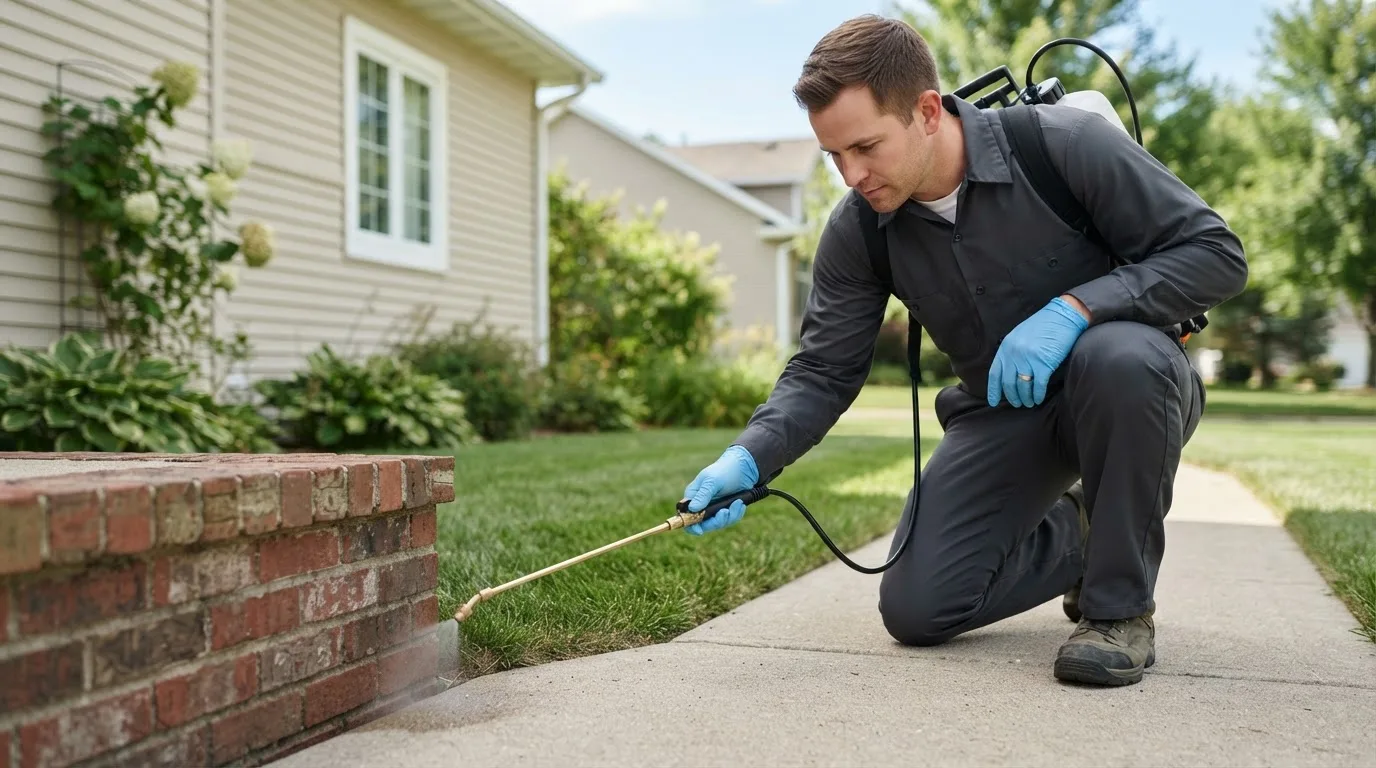 Pest control technician treating a home near Velva, ND
